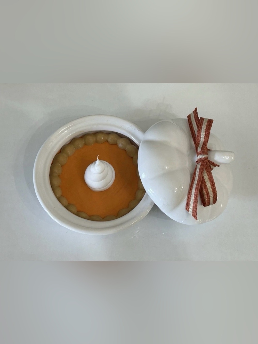 Fake Mini Pumpkin Pie in White Ceramic Pumpkin with Striped Ribbon Handmade